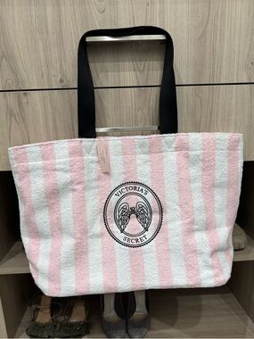 Victoria's Secret Pink & White Striped Terry Tote with Black Logo